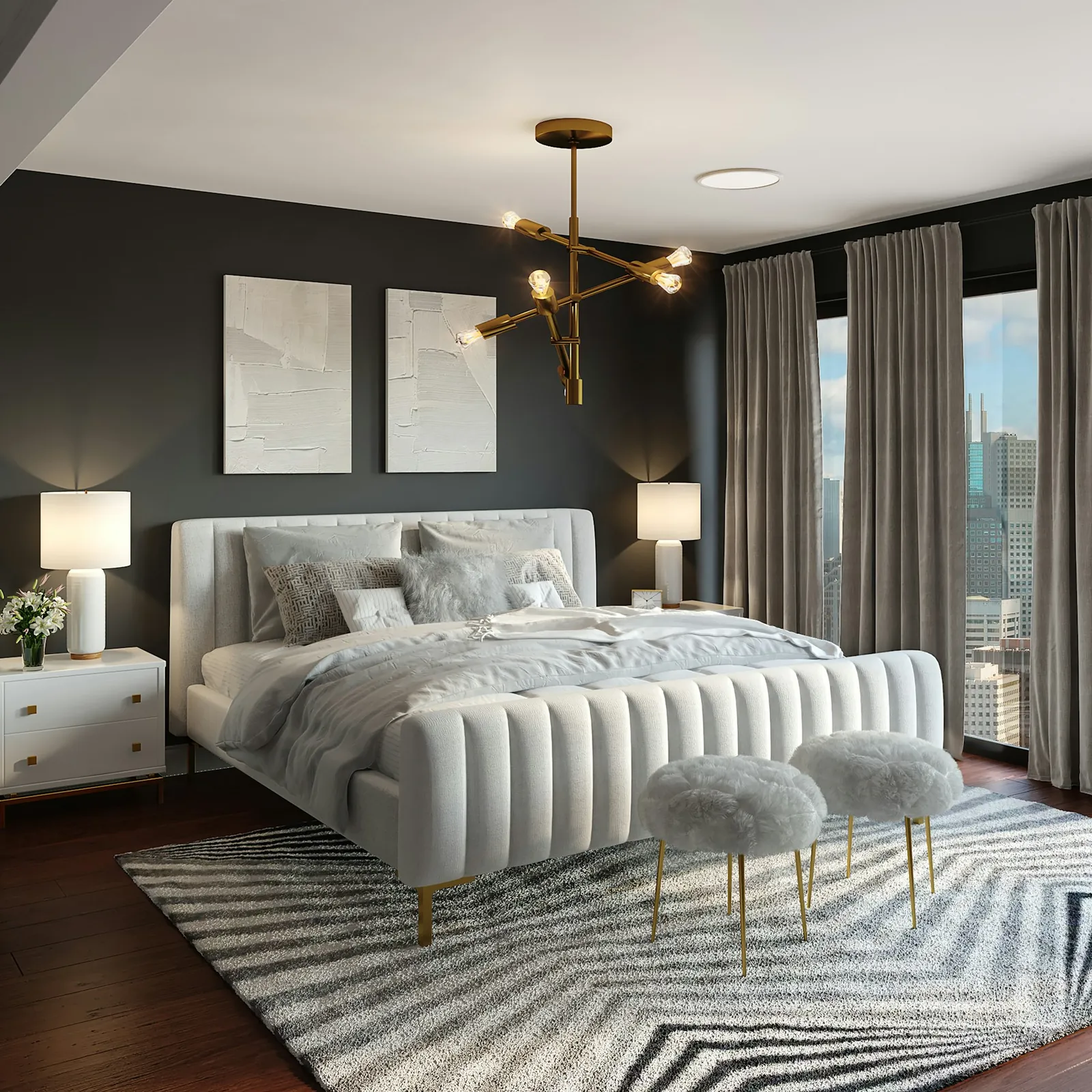 Luxury bedroom with upholstered headboard, brass pendant and dark feature wall