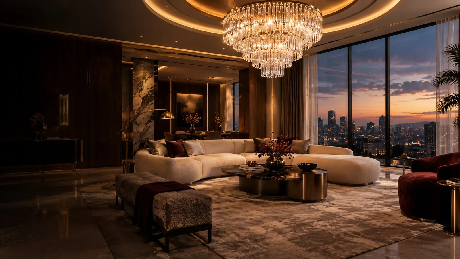 Grand living room with a crystal chandelier, curved sofa and burgundy accents — concept render