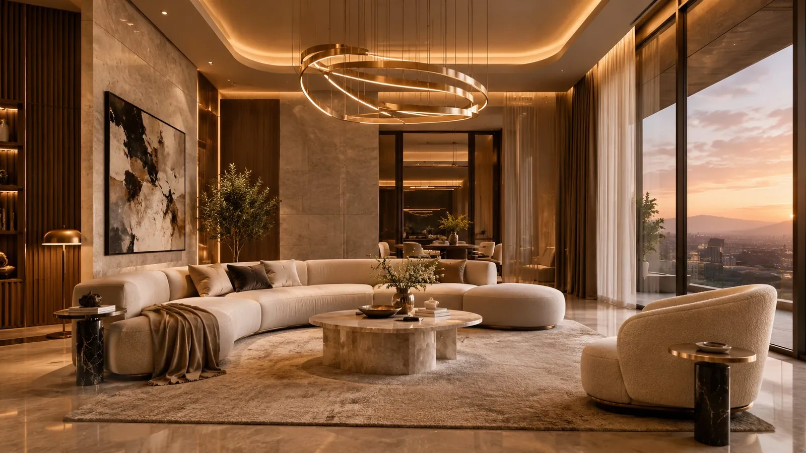 Living room with ring chandelier, marble wall and curved seating — concept render