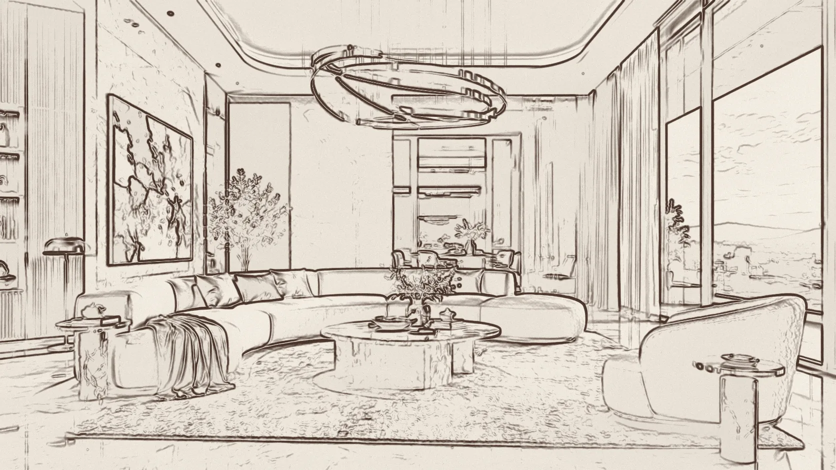 Line drawing of the same family lounge