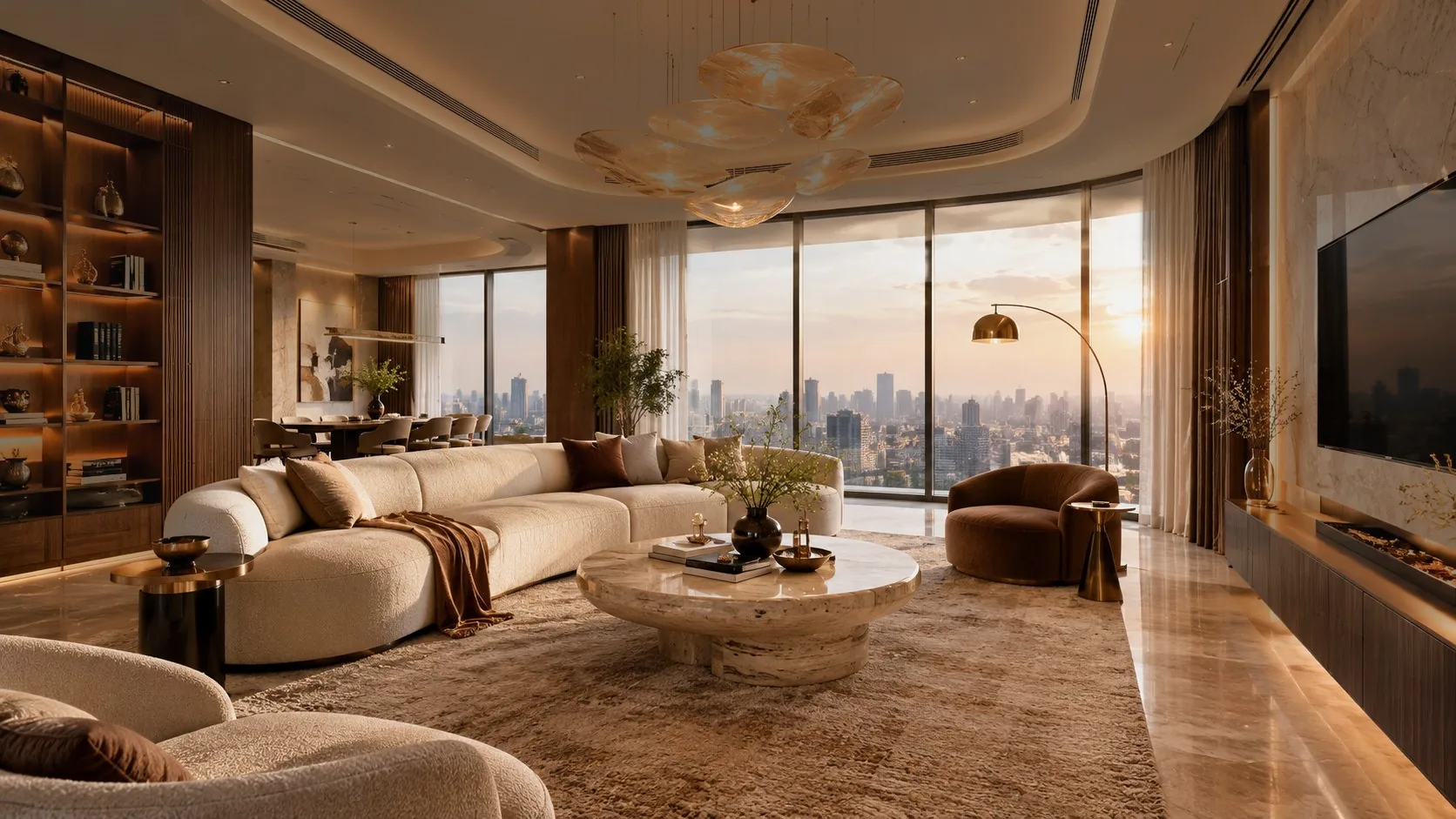 Living room by day with the chandelier switched off and sunlight through the glass