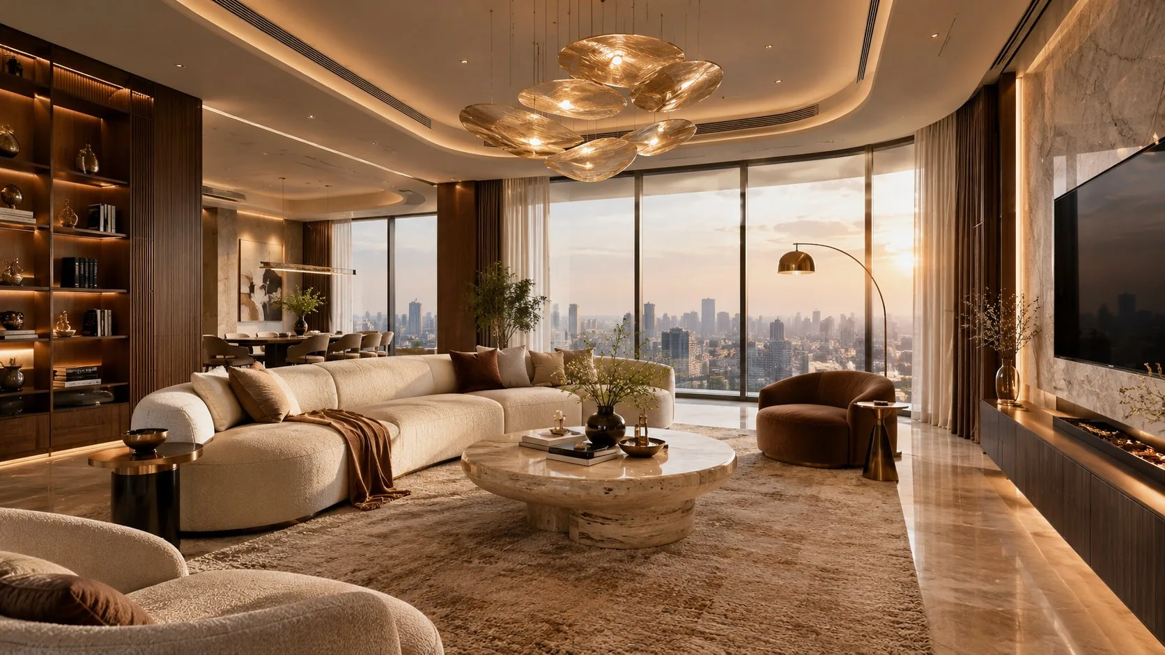 The living room by day with chandelier, coves and shelf lighting on