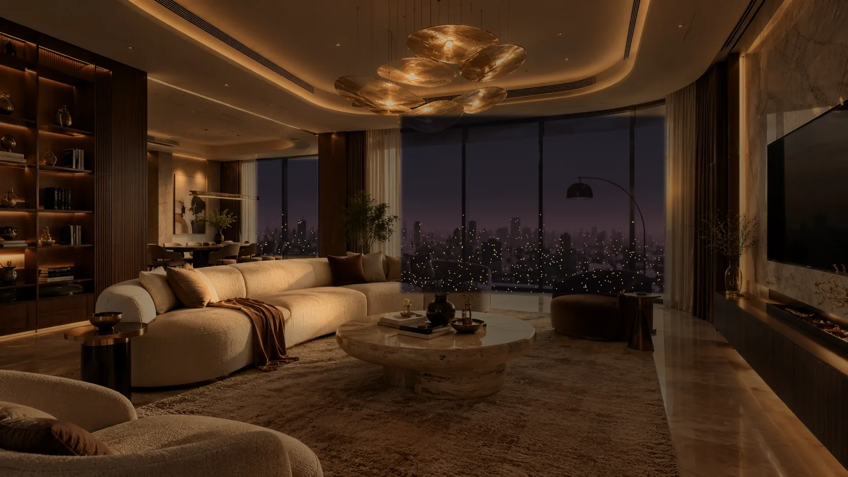 The living room at night with chandelier, coves and lamp glowing warmly